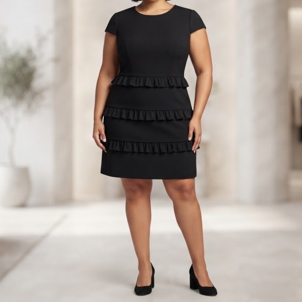 Eliza J Dress Women's 16W Black Stretch Crepe A-Line Ruffle Little Black Dress